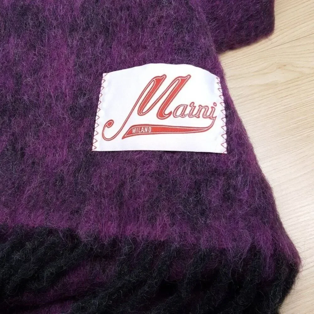 MARNI Brushed Wool Mohair Oversized Check Scarf Purple Black Fringe ITALY 100x30